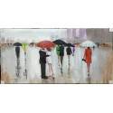 70X140cm 100% Oil Painting - Couples walking with Umbrellas in the rain